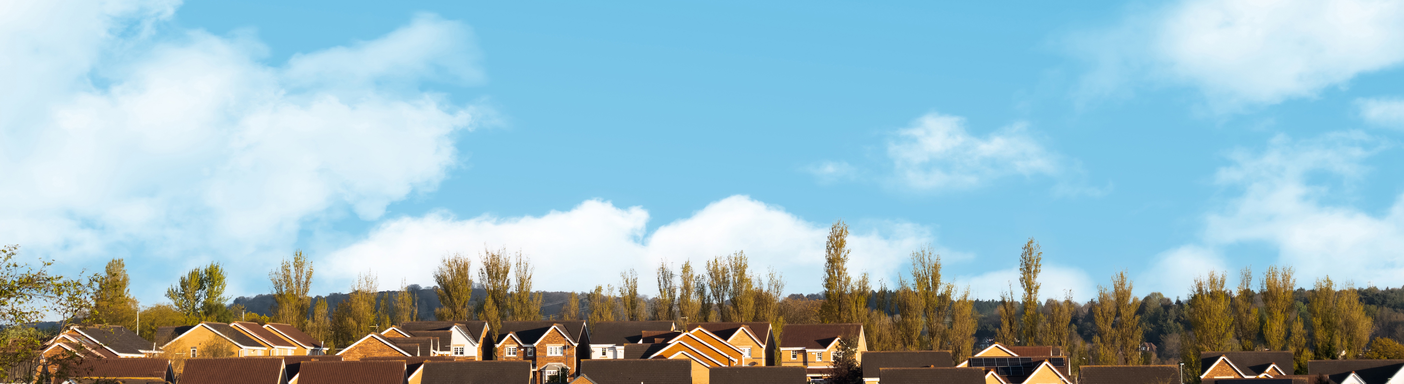 A row of Irish houses under a bright blue sky with autumn trees behind